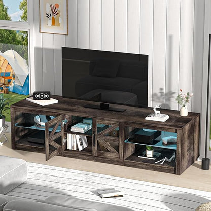 cdar TV Stands for Living Room, Farmhouse Entertainment Center, Television Stand with LED Light, 78" Wood Sliding Barn Door Media TV Console Table with Storage Shelf for Living Room, Bedroom ﻿ Gr