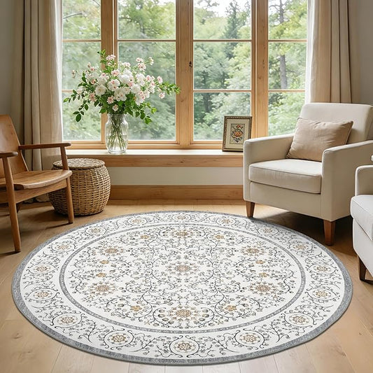 GarveeHome Boho Round Rugs 6ft for Living Room Non Slip, Vintage Botanical Circle Rug Washable Area Rug for Dining Room Stain Resistant, Low Pile Soft Grey Circular Carpet for Nursery Kitchen
