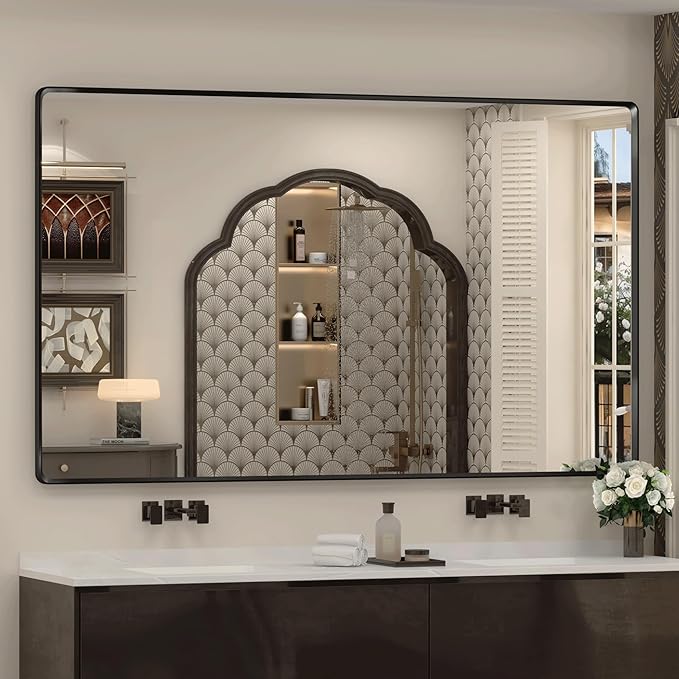 66x40 Inch Black Matte Framed Mirror for Bathroom, Rounded Rectangle Mirror, Bathroom Vanity Mirror for Wall, Anti-Rust, Shatterproof (Horizontal/Vertical)