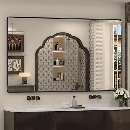 66x40 Inch Black Matte Framed Mirror for Bathroom, Rounded Rectangle Mirror, Bathroom Vanity Mirror for Wall, Anti-Rust, Shatterproof (Horizontal/Vertical)