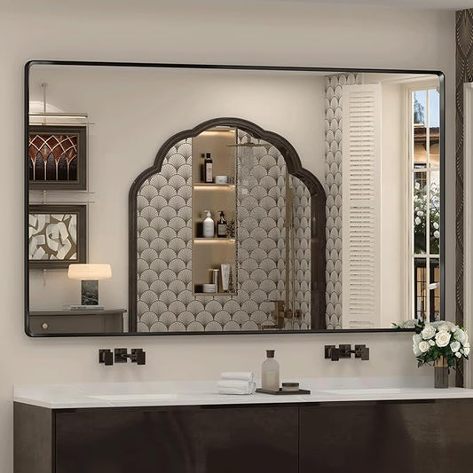 66x40 Inch Black Matte Framed Mirror for Bathroom, Rounded Rectangle Mirror, Bathroom Vanity Mirror for Wall, Anti-Rust, Shatterproof (Horizontal/Vertical)