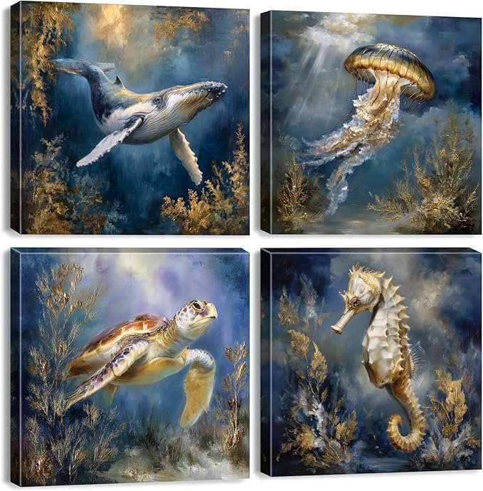 Ocean Animals Wall Art Sea Turtle Whale Seahorse Jellyfish Pictures Beach Coastal Room Decor Nautical Paintings Canvas Prints for Bathroom Under Sea World Posters Artwork Decoration 12x12” 4Pcs