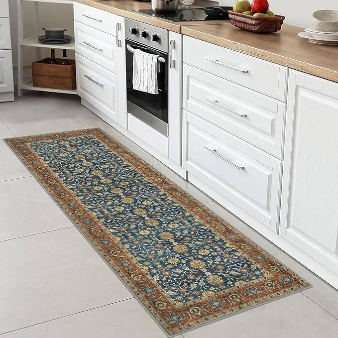 KUTA Vintage Washable Runner Rug, 2x6 Blue Terracotta Runners for Hallways Non-Slip Kitchen Rugs Ultra Thin Soft Printed Oriental Floral Floor Carpet for Laundry Bedroom Living Room Nursery