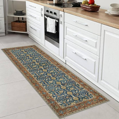 KUTA Vintage Washable Runner Rug, 2x6 Blue Terracotta Runners for Hallways Non-Slip Kitchen Rugs Ultra Thin Soft Printed Oriental Floral Floor Carpet for Laundry Bedroom Living Room Nursery