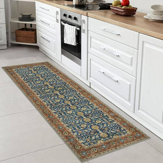 KUTA Vintage Washable Runner Rug, 2x6 Blue Terracotta Runners for Hallways Non-Slip Kitchen Rugs Ultra Thin Soft Printed Oriental Floral Floor Carpet for Laundry Bedroom Living Room Nursery