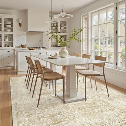 Soalmost 5x7 Area Rugs Beige Low Pile Indoor Washable Trendy Faded Style Floral Rugs for Bedroom Living Room Dining Room Foldable Non-Slip Thin Print Mat