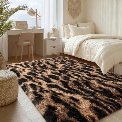 qulint Leopard Rug for Bedroom, 4x6 Fluffy Cheetah Rug for Living Room, Shaggy Fuzzy Animal Carpet Plush Alfombras para Salas Modernas for Nursery Dorm Room Home Decor (4ft x 6ft, Leopard)