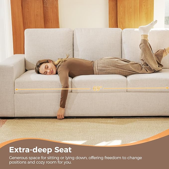ELUCHANG 85" Modern Couches for Living Room, Natural Linen 3 Seat Sofa, Comfy Deep Seat Sofa, Spring Cushions, Removable Cover, Solid Wood Frame, Easy Assembly Loveseat for Small Space,Apartment,Beige