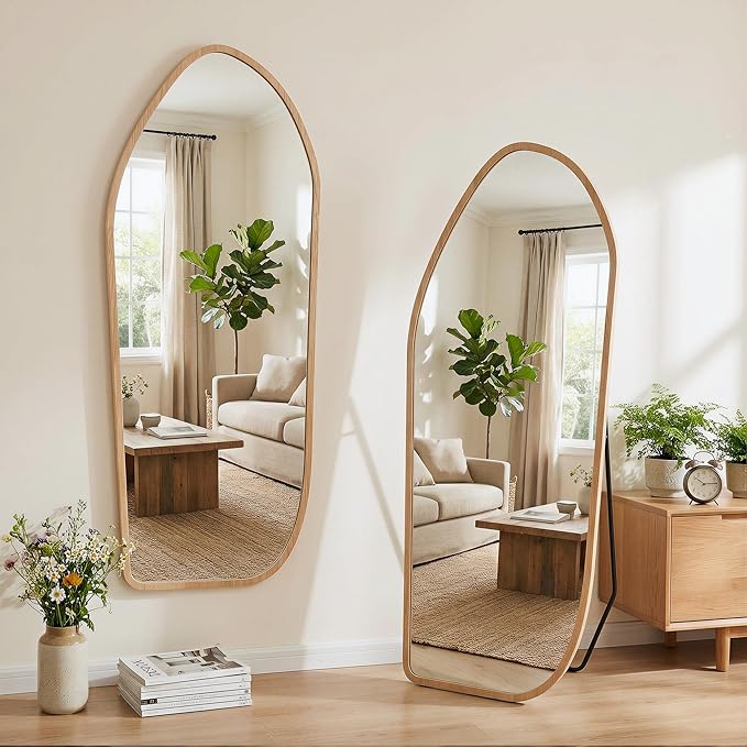 Suidia Full Length Mirror, Oversized Floor Mirror with Solid Wood Frame, Large Standing Mirror for Bedroom Living Room, Wood Art Style, Light Walnut, 68" L x 26" W