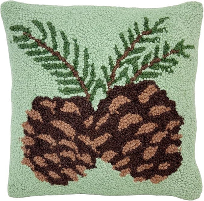 Hand Hooked Christmas Pillow - 12X12 inches Throw Pillow for Couch or Dorm (Pinecones)