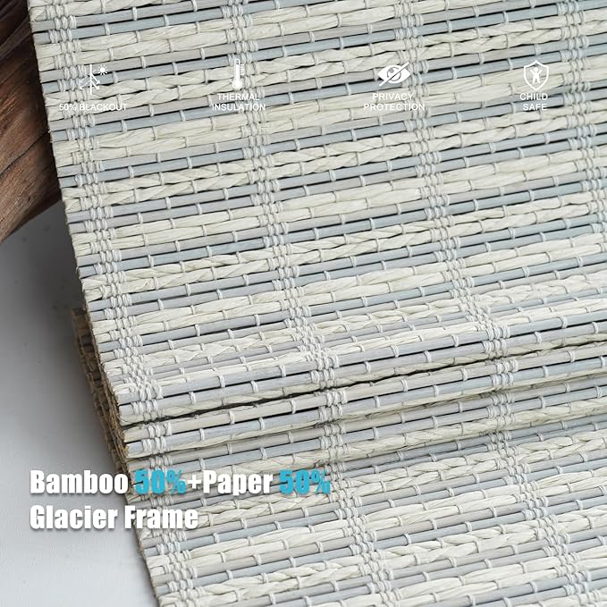 Motorized Bamboo Roman Shades, Motorized Blinds with Remote Compatible with Homekit, Alexa GoogleHome, Smart Wood Woven Shades for Indoor Windows, Customize, Glacier Frame