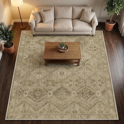 GENIMO 5x7 Area Rugs for Living Room, Machine Washable Non Slip Vintage Rugs, Low Pile Lightweight Print Rug for Bedroom, Dining Room, Home Office, Tan Brown