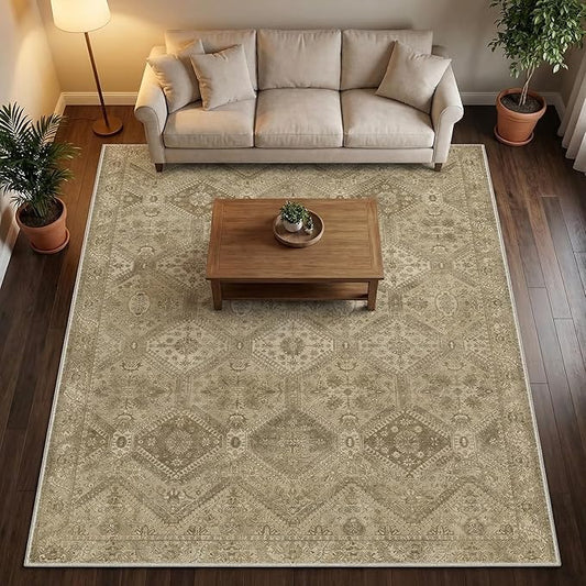 GENIMO 6x9Area Rugs for Living Room, Machine Washable Non Slip Vintage Rugs, Low Pile Lightweight Print Rug for Bedroom, Dining Room, Home Office, Tan Brown