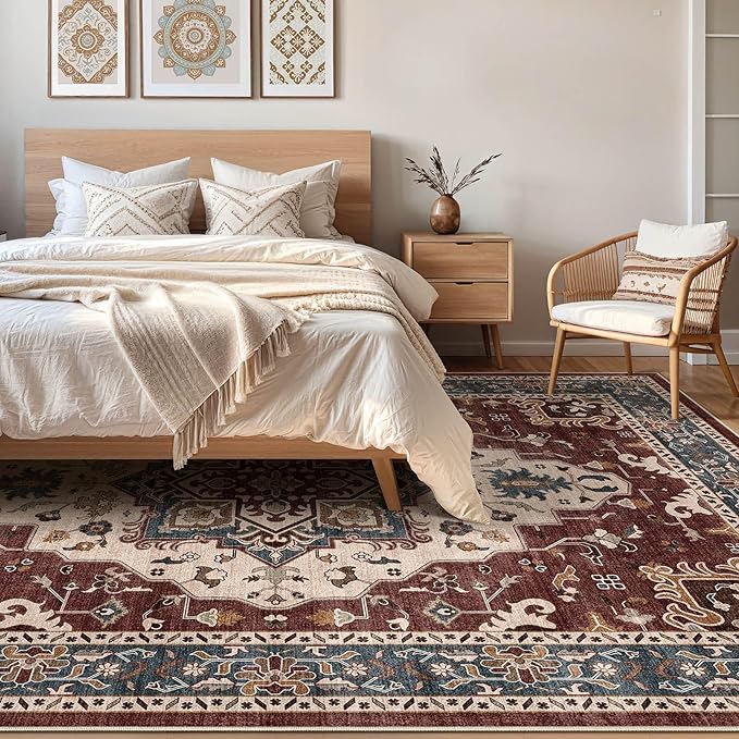 9x12 Area Rugs Living Room: Washable Boho Large Neutral Vintage Soft Rug Stain Resistant Farmhouse Non-Slip Indoor Floor Retro Carpet for Bedroom Nursery Kids Office Dining Room- Burgundy