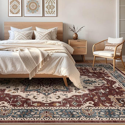 8x10 Area Rugs Living Room: Washable Boho Large Neutral Vintage Soft Rug Stain Resistant Farmhouse Non-Slip Indoor Floor Retro Carpet for Bedroom Nursery Kids Office Dining Room- Burgundy