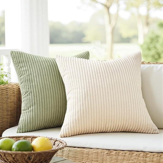 Topfinel Boho Farmhouse Green White Throw Pillow Covers 16x16 Inch Set of 4 Mordern Nordic Cushion Covers Soft Corduroy Spring Home Decor for Couch Bed Sofa Living Room Forest Green