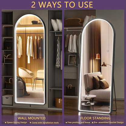 Hasipu 56" x 16" Led Mirror Full Length, Arch Mirror Full Length with Lights, Floor Full Body Glass with Stand,Tempered Glass,Shatter-Proof, Dimming & 3 Color for Bedroom Cloakroom-UL