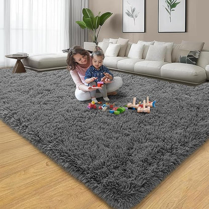 qulint 9x12 Area Rug for Living Room, Soft Fluffy Large Bedroom Carpet Shag Shaggy Grey Modern Rug, Fuzzy Plush Alfombra para Sala for Dorm Classroom Playroom Home Decor (9ft x 12ft, Dark Gray)