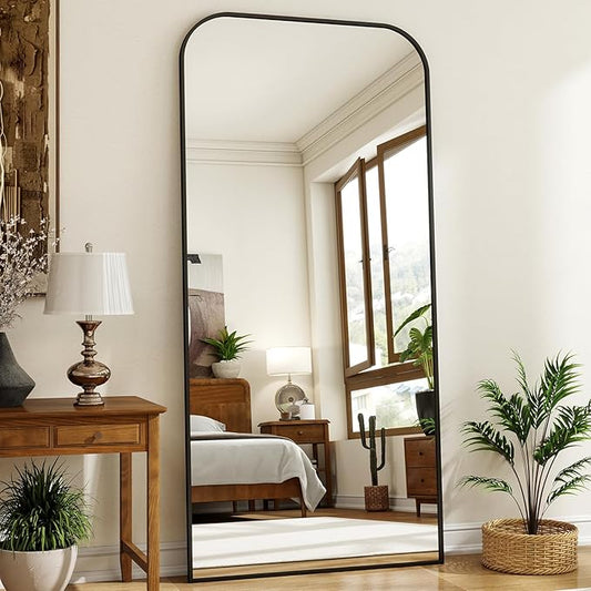 XRAMFY 77x38 Inch Floor Length Mirror with Stand, Full Length Standing Mirror for Bedroom, Full Body Tall Mirrors with Modern Aluminum Alloy Frame in Black, Home Decor