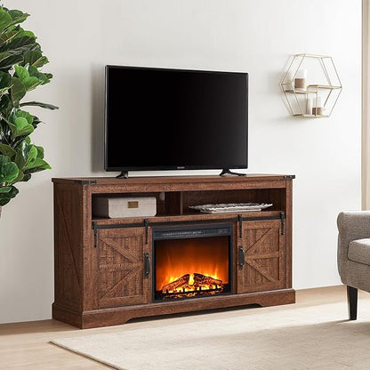 OKD Fireplace TV Stand for 65+ Inch TV, 33" Tall Highboy Farmhouse Entertainment Center w/ 23'' Electric Fireplace, Rustic Media Console w/Sliding Barn Door for Living Room, Reclaimed Barnwood Color