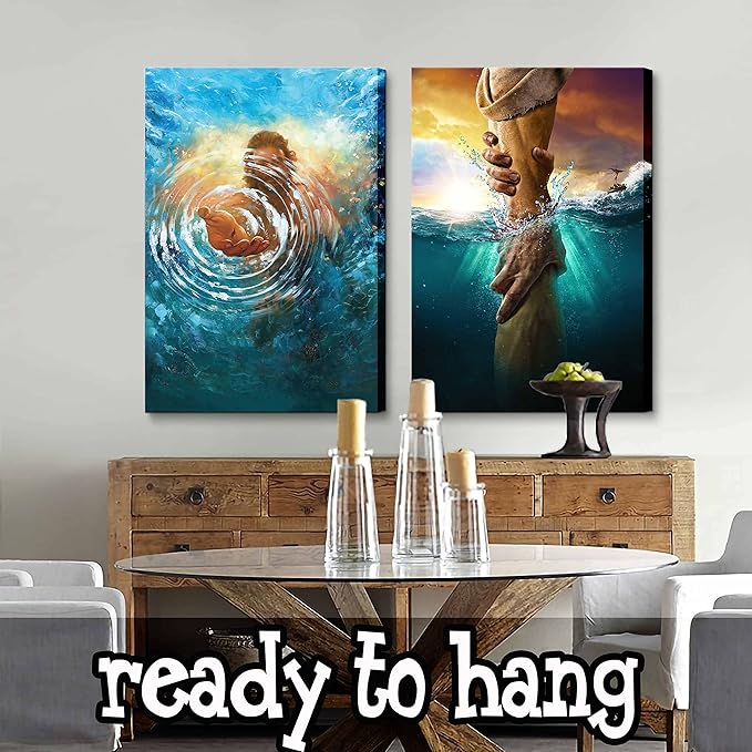 2 Pcs Framed Jesus wall art The Hand of God Jesus Reaching Into Water Christ Religion Canvas Wall Decor Blue Ocean Bible Pictures Posters Prints Paintings for Living Room Bedroom Church Decorations