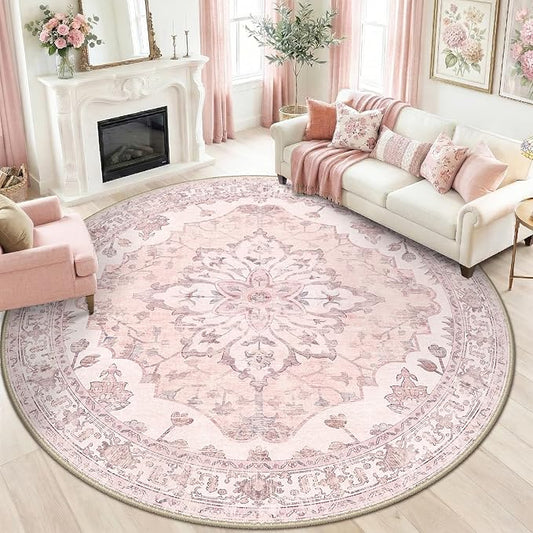 RELEANY Area Rugs Round 8ft Washable Non-Slip, Floral Vintage Distress Print Pattern Medallion Carpet for Living Room Bedroom Dining Room, Pink Greypink Cute