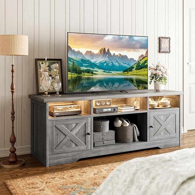 Casaottima TV Stand for 65 Inch TV, Farmhouse Entertainment Center with Power Outlet & LED Light and Storage Cabinets, Console Table and Media Furniture for Living Room Bedroom, Gray Oak