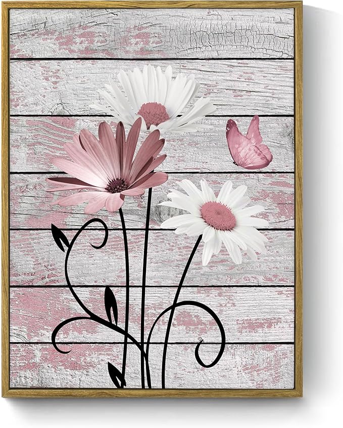 HVEST Farmhouse Floral Pink Wall Art for Bathroom, Rustic Daisy Butterfly on Grey Wood Canvas Wall Art Nature Flower Pictures for Bedroom Living Room Office Wall Decor Framed Artwork, 17L X 12W inches
