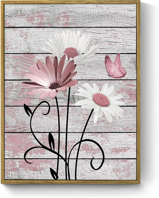 HVEST Farmhouse Floral Pink Wall Art for Bathroom, Rustic Daisy Butterfly on Grey Wood Canvas Wall Art Nature Flower Pictures for Bedroom Living Room Office Wall Decor Framed Artwork, 17L X 12W inches
