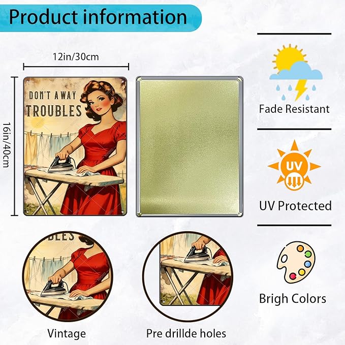 Don't Away Troubles Vintage Laundry Sign Metal Tin Plaque Funny Sarcastic Housewife Design Retro Wall Art Laundry Room Decor Farmhouse Home Gift 16x12 Inch