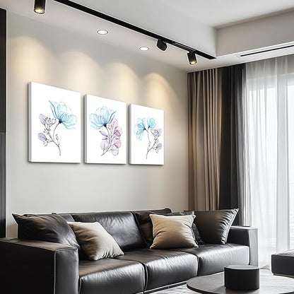 3 Piece Modern Blue Flowers Canvas Wall Art for Bedroom Living Room decor,Bathroom Wall Decor,3 Panels framed Wall Watercolor Painting Kitchen Home Decoration Canvas Print Artwork Wall Mural