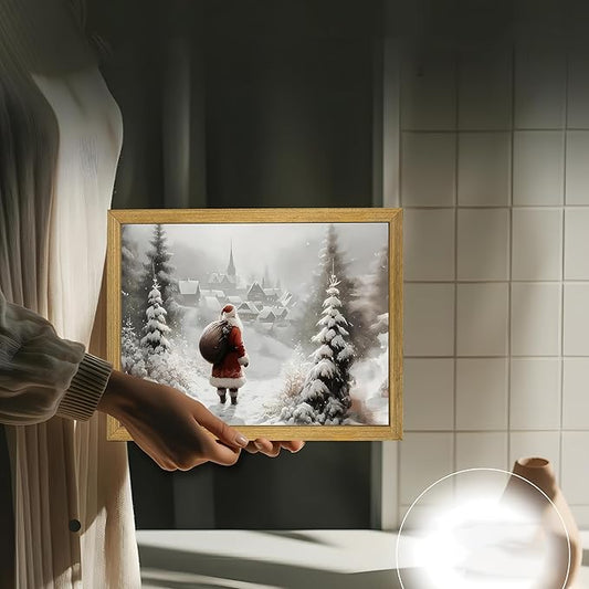 Vintage Christmas Canvas Wall Art, Wood Framed Santa Claus Wall Decor Painting, Rustic Farmhouse Winter Snow Scene Poster Print Picture 12x16 inch, Best Holiday Decor for Living Room Bedroom Home