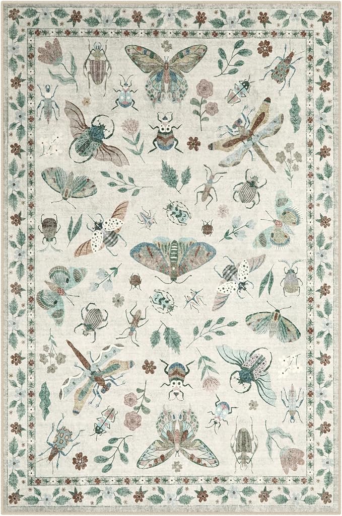 Lahome Insect Print Washable Rugs for Living Room, Soft 6x9 Area Rugs for Bedroom, Ultra-Thin Non Slip Modern Area Rug Low Pile Throw Carpet for Dining Room Office Vionnet(6'x9',Beige)
