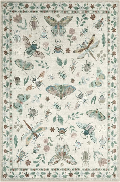 Lahome Insect Print Washable Rugs for Living Room, Soft 6x9 Area Rugs for Bedroom, Ultra-Thin Non Slip Modern Area Rug Low Pile Throw Carpet for Dining Room Office Vionnet(6'x9',Beige)