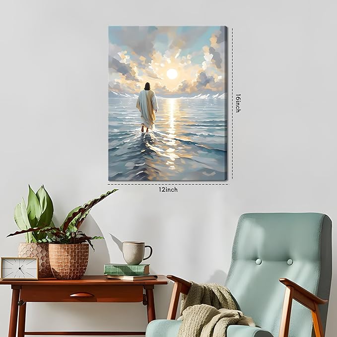 Jesus Canvas Wall Art, Christian Wall Decor of Jesus Walking on Water, Inspirational God Picture for Living Room, Prayer Room or Church, Catholic Religious Artwork – 12"x16" Framed