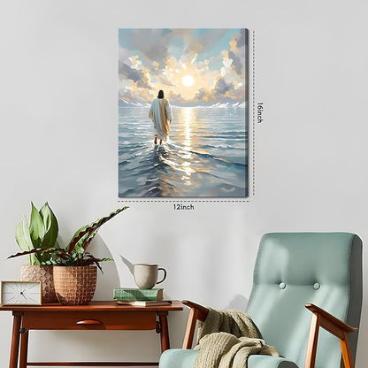 Jesus Canvas Wall Art, Christian Wall Decor of Jesus Walking on Water, Inspirational God Picture for Living Room, Prayer Room or Church, Catholic Religious Artwork – 12"x16" Framed
