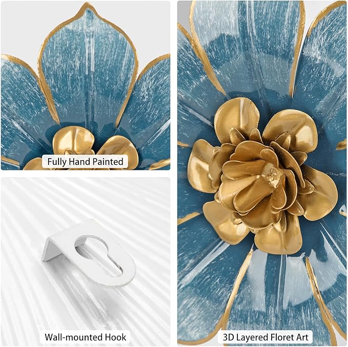 Metal Flowers Wall Decor Blue and Gold Wall Art Hanging Decorations 3 Pc Rustic Modern Floral Sculpture Wall Accent Artwork Indoor Outdoor for Bathroom Bedroom Living Room Garden Patio Porch 10 Inch