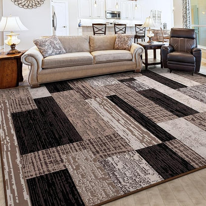 FlyDOIT Modern Geometric Patchwork Area Rug, 7x10 Chocolate Large Rugs for Living Room, Rockwood Collection Indoor Rugs for Bedroom, Throw Carpet Floor Decor for Entryway Dining Room Office Nursery
