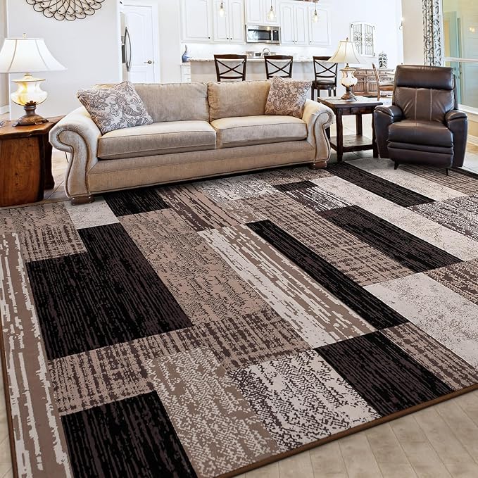 FlyDOIT Modern Geometric Patchwork Area Rug, 5x8 Chocolate Large Rugs for Living Room, Rockwood Collection Indoor Rugs for Bedroom, Throw Carpet Floor Decor for Entryway Dining Room Office Nursery