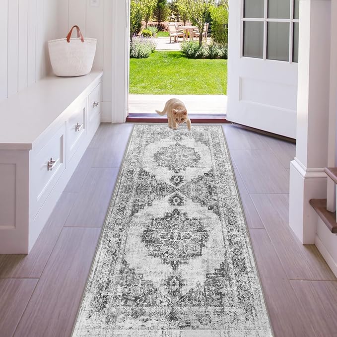 Area Rug 2x6 Runner Rugs: Washable Vintage Hallway Rug Indoor Medallion Rugs Low Pile Distressed Floor Carpet Retro Accent Rug for Kitchen Bedroom Bathroom Dining Room(Black, 2'x6')