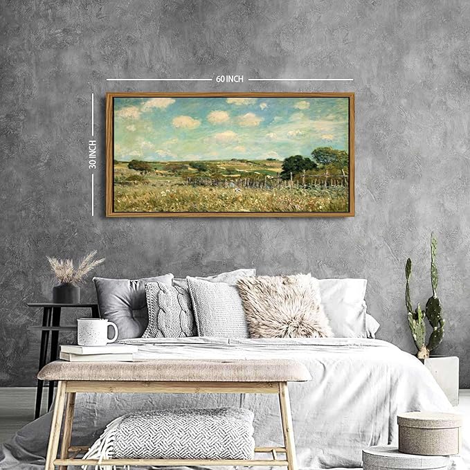 Vintage Forest Framed Wall Art Country Meadow Field Wall Decor Abstract Colorful Floral Landscape Picture Canvas Prints for Bathroom Kitchen Decoration Nature Painting Poster Classical Artwork 30x57.8"