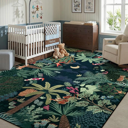 LIVEBOX Washable Bedroom Rug 8x10 Under Bed, Modern Stain Resistant Dark Green Botanical Rug for Living Room Playroom Kids Boy Room, Non-Slip Jungle Forest Print Rugs for Nursery Baby