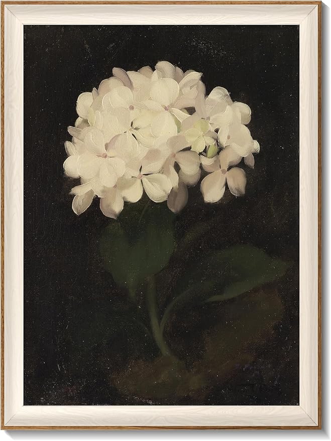 Framed Flower Wall Art, Vintage White Hydrangea Still Life Floral Art Prints, Moody Vintage Canvas Oil Painting, Antique Botanical Floral Wall Decor Pictures for Bedroom, Kitchen, Shelf, Bathroom Wall Decor - 16x24Inch