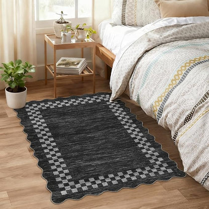 Small Area Rug 2x3 Modern Checkered Entry Rug Solid Color Scalloped Kitchen Rugs Washable Bedroom Doormat Non Slip Stain Resistant Bordered Throw Carpet for Living Room Nursery Laundry, Grey