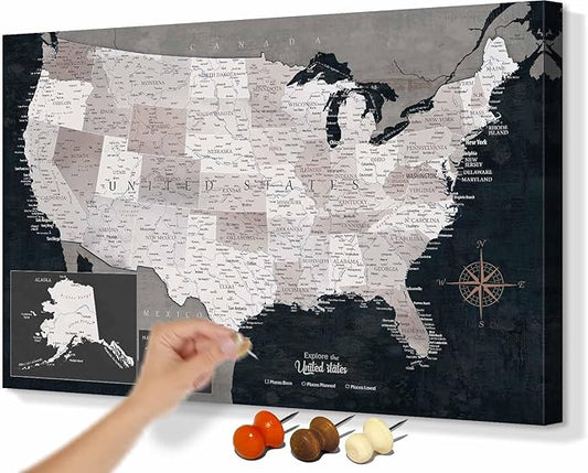 Office Wall Art Living Room Canvas Paintings Vintage Wall Decor Large US Map with Pins Bedroom Dining Room Kitchen Decor Obsidian Blue Inspirational Art for Men