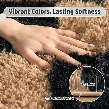 Shag Rugs for Living Room 6x9, Ultra Soft Checkered Black Beige Big Fuzzy Rugs for Bedroom, 6 x 9 Fluffy Shaggy Plush Carpet Kids Room Dorm Upgrade Non-Slip
