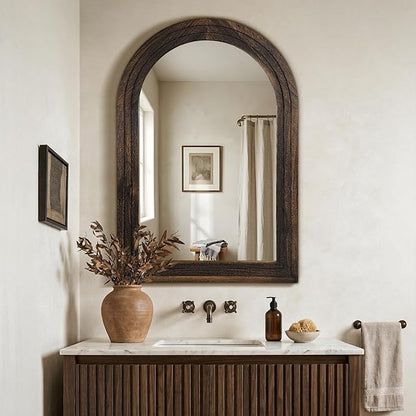 TRAHOME Arched Bathroom Mirror, 38"x26" Brown Wood Frame Wall Mirror, Farmhouse Vintage Vanity Mirror with Layered Frame for Entryway, Living Room, Bedroom