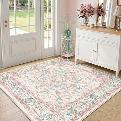 CAPALOCA Machine Washable Rugs Nursery Rug Sq5ft Cute Girl Non Slip Low Pile Water Repellent Soft Print Pattern for Bedroom Indoor Decor Kids Playroom Pink Teal