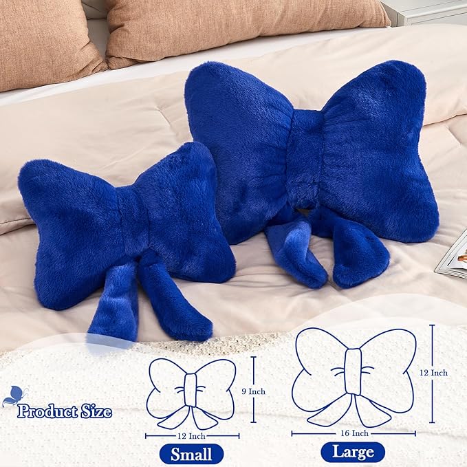 XVTRU Bow Pillow, Soft Bow Decorative Pillows with Faux Rabbit Fur, Cute Bow Throw Pillows, Aesthetic Home Decor Bow Shaped Plush Pillow for Bedroom Sofa Couch (Royal Blue, Small-12 Inch)