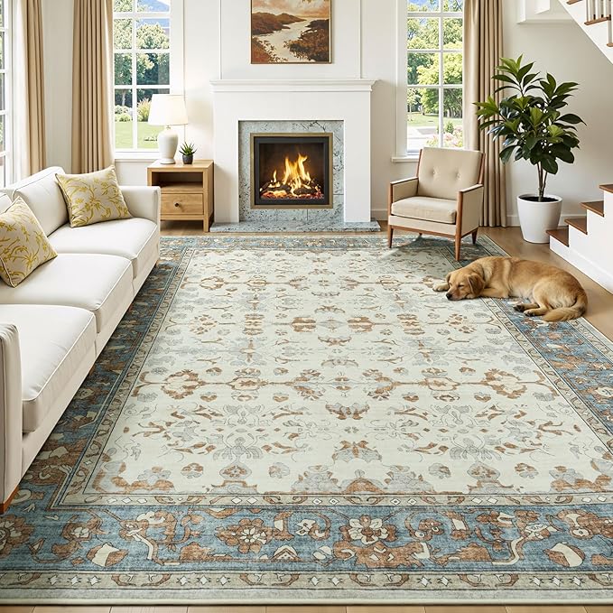 Lessymo Washable Area Rug for Living Room,8x10 Large Rugs with Non-Slip Backing,Soft Boho Carpets for Bedroom Dining Room Nursery Home Office,Light Brow